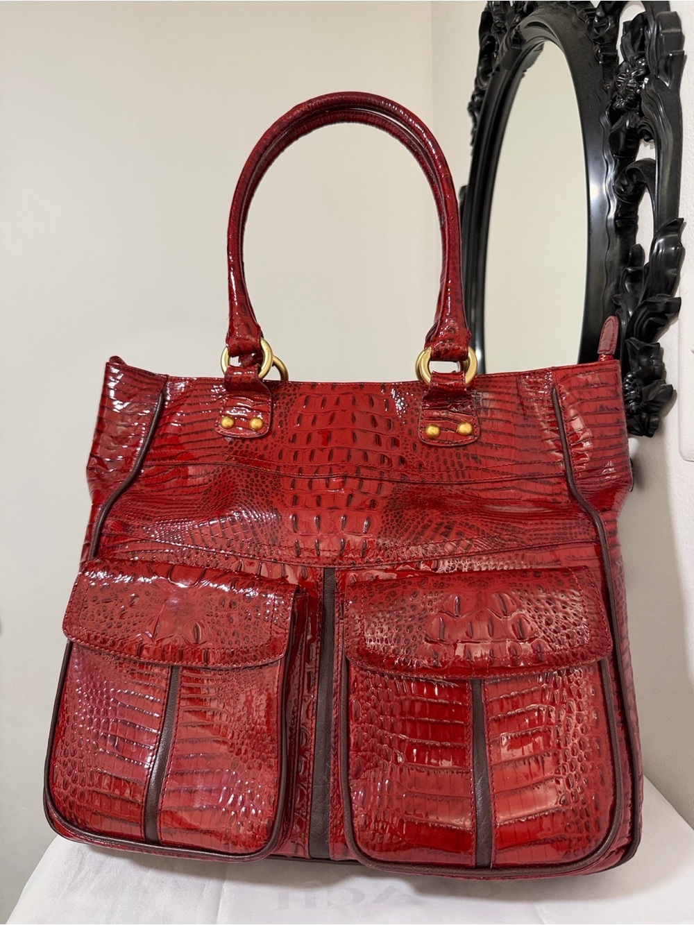 Brahmin Red Croc-Embossed Pocket Tote